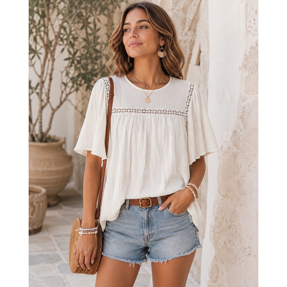 My Danielle Women's Medium Ivory Boho Cottagecore Lace Trim Flowy Peasant Top